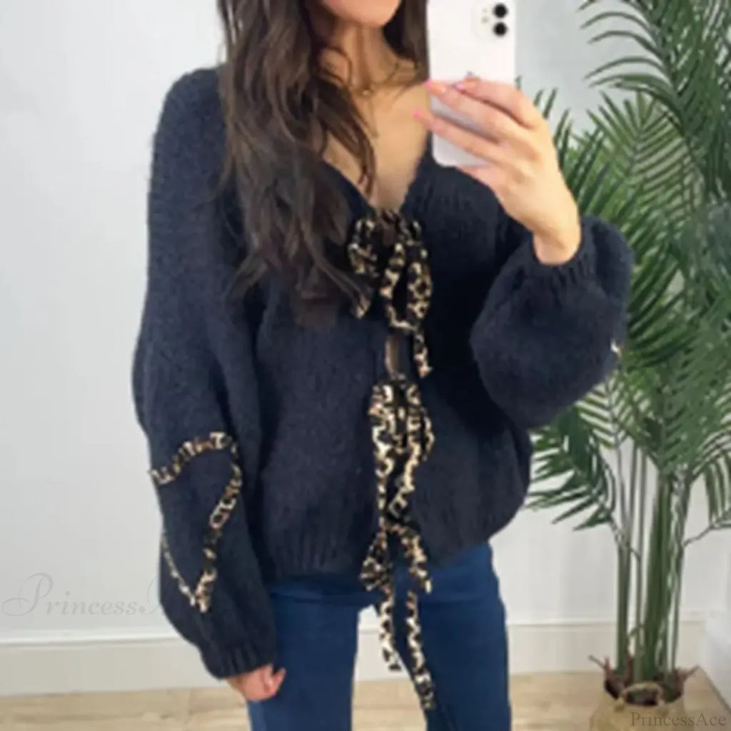 Leopard Ribbon Tie V-neck Cardigan image 7
