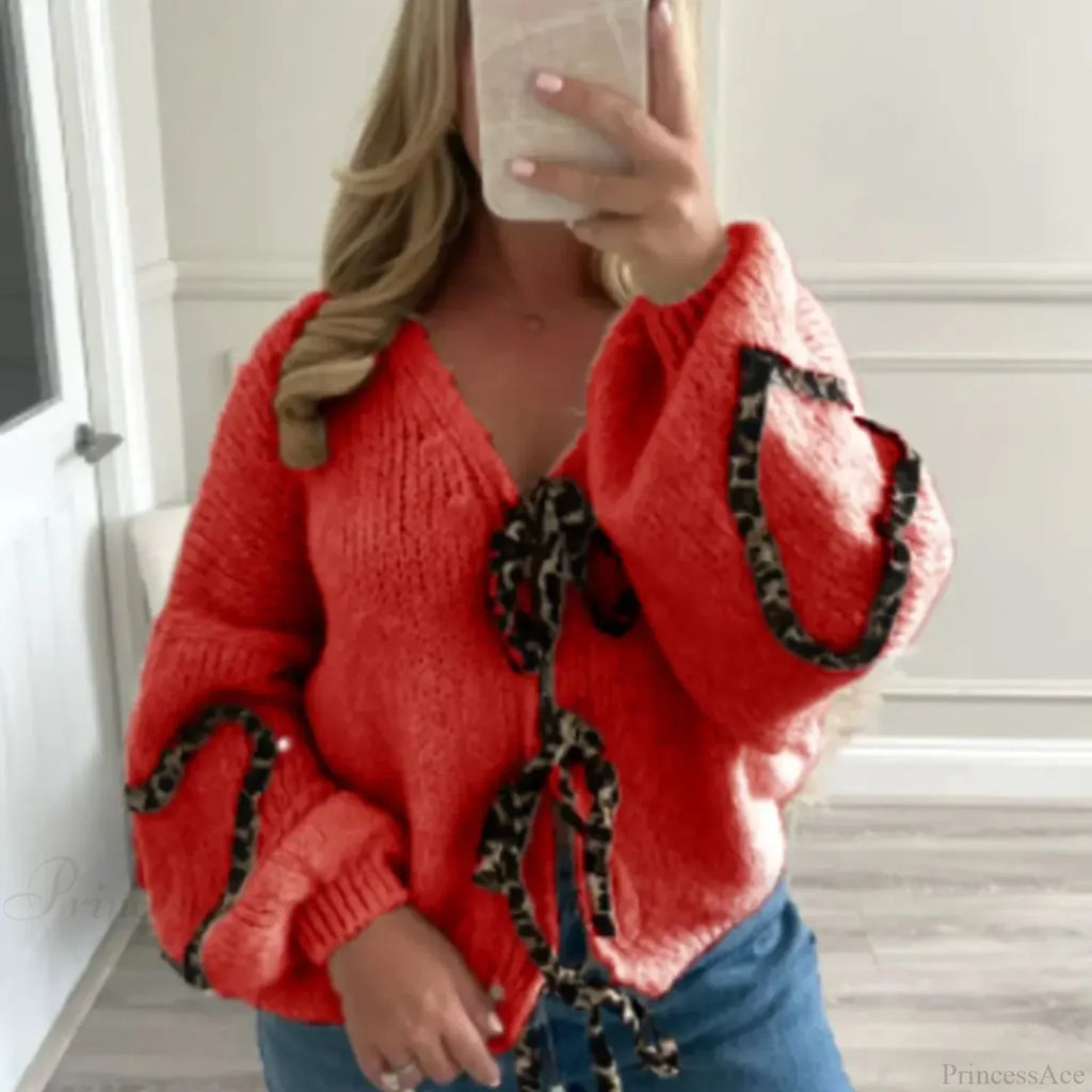 Leopard Ribbon Tie V-neck Cardigan image 4