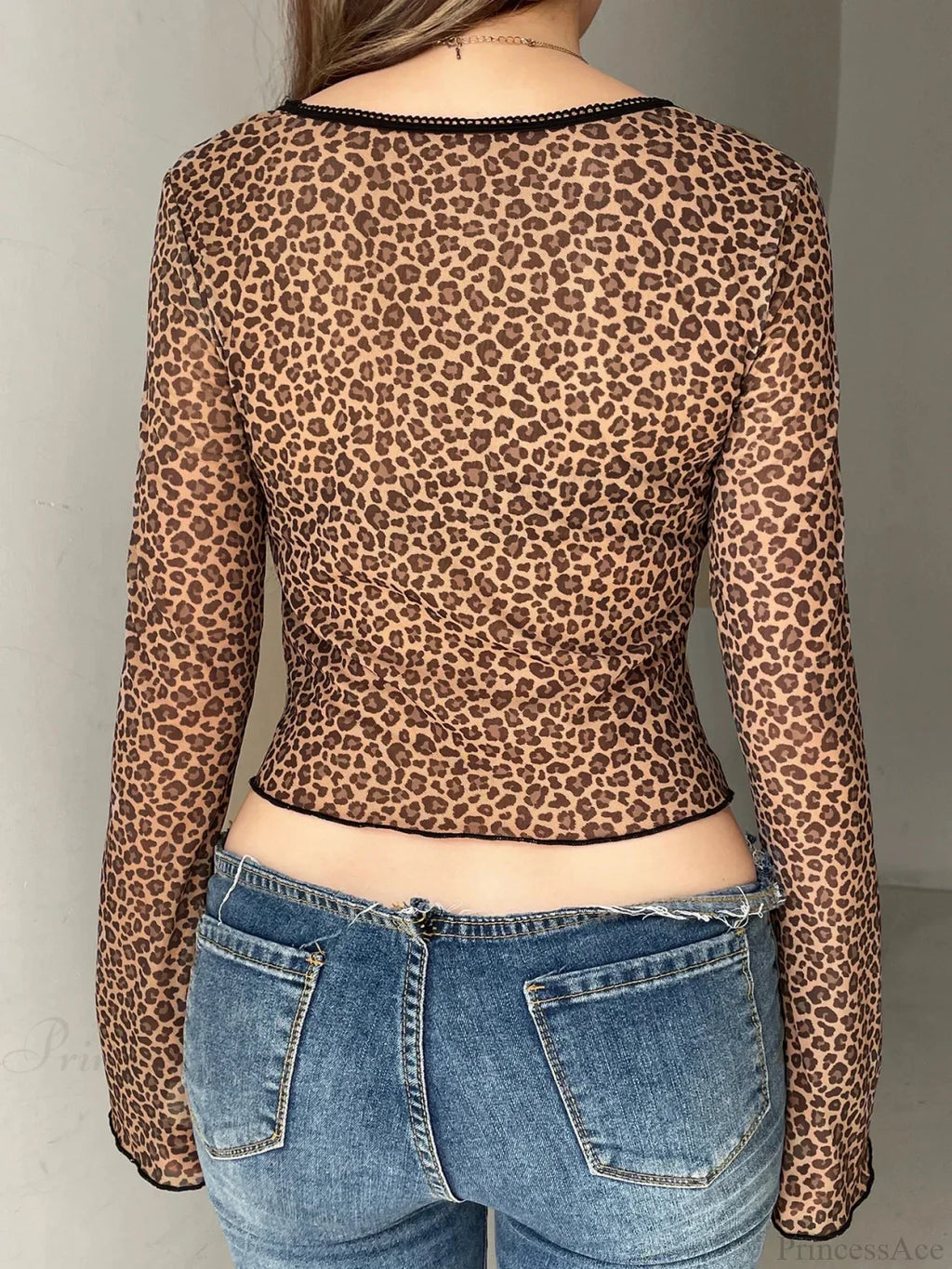Leopard Split Mesh Slim Square Collar Long Sleeve Knit Top image 2