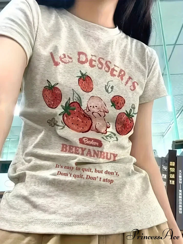 Les Dessert Strawberry & Graceful Letter Print Short Sleeve T-Shirt image 2
