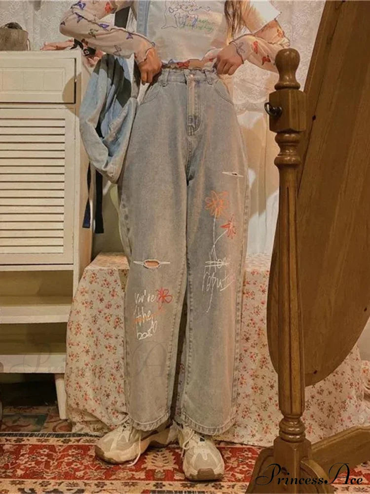 Letter Flower Print Ripped Jeans image 2