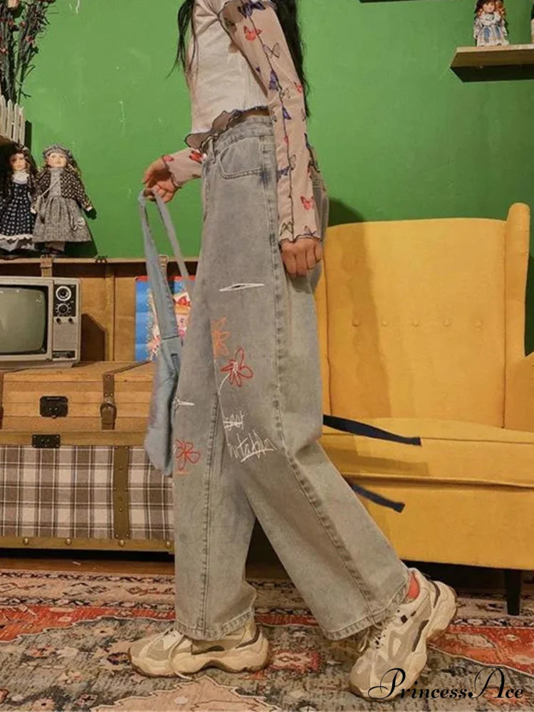 Letter Flower Print Ripped Jeans image 5