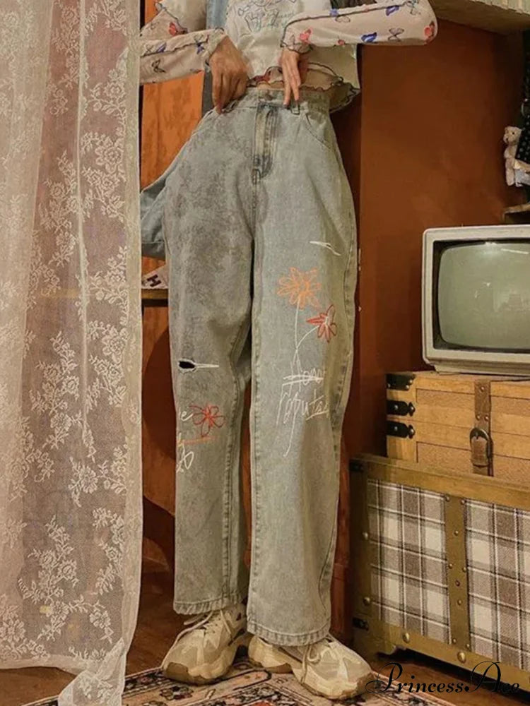 Letter Flower Print Ripped Jeans image 1