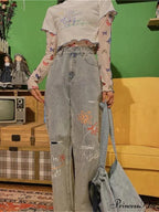 Letter Flower Print Ripped Jeans image 7