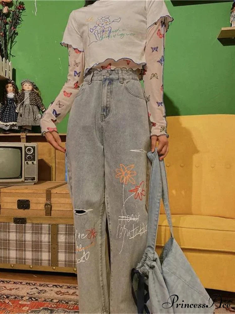 Letter Flower Print Ripped Jeans image 7