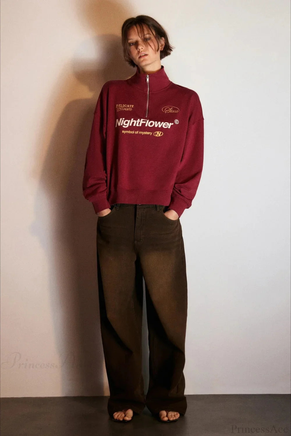 Letter Print Half Zip Stand Collar Loose Sweatshirt image 15