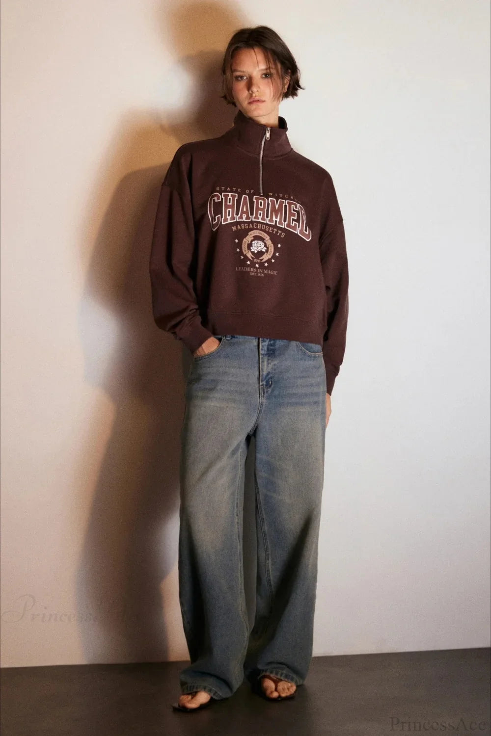 Letter Print Half Zip Stand Collar Loose Sweatshirt image 9