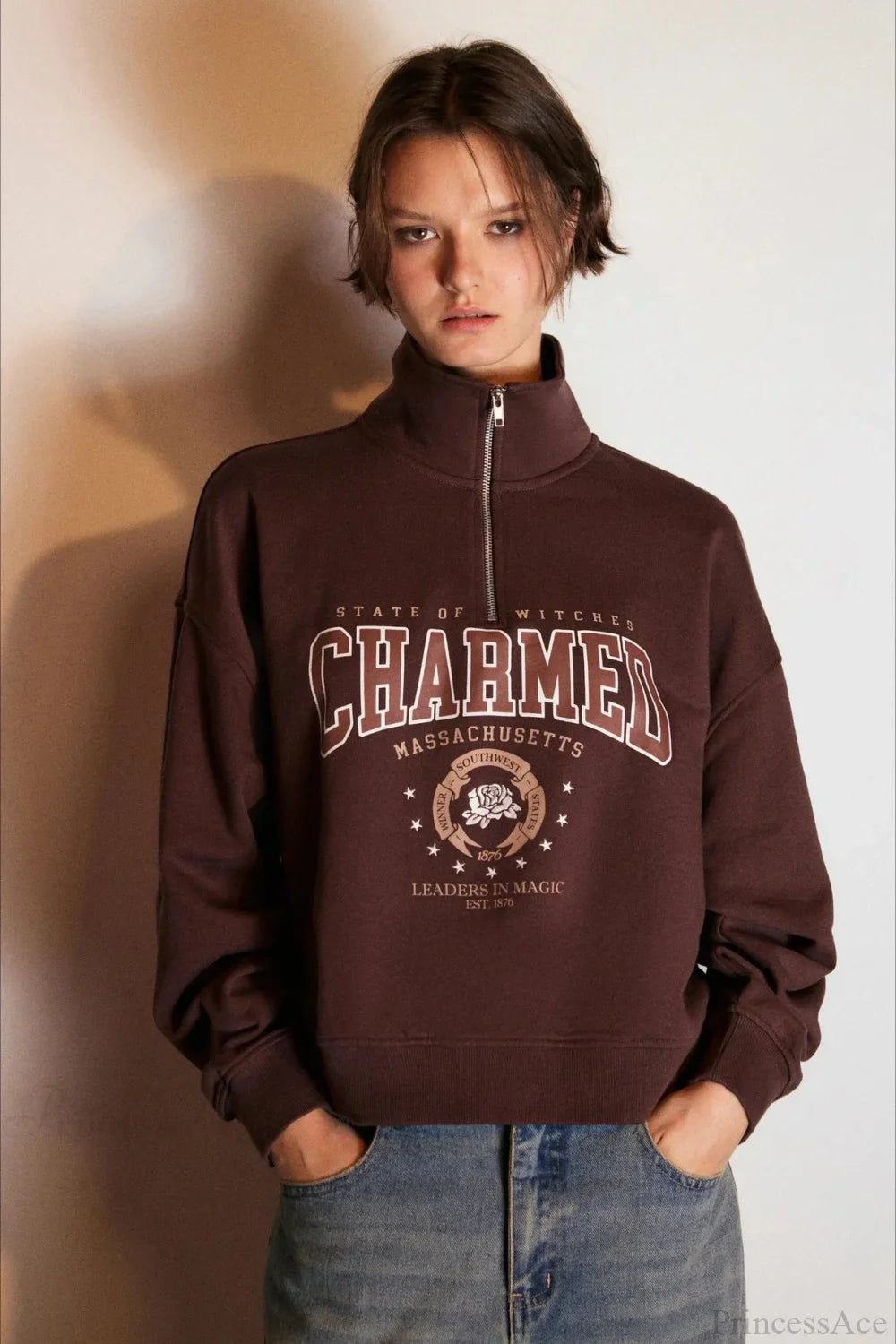 Letter Print Half Zip Stand Collar Loose Sweatshirt image 7