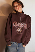 Letter Print Half Zip Stand Collar Loose Sweatshirt image 6