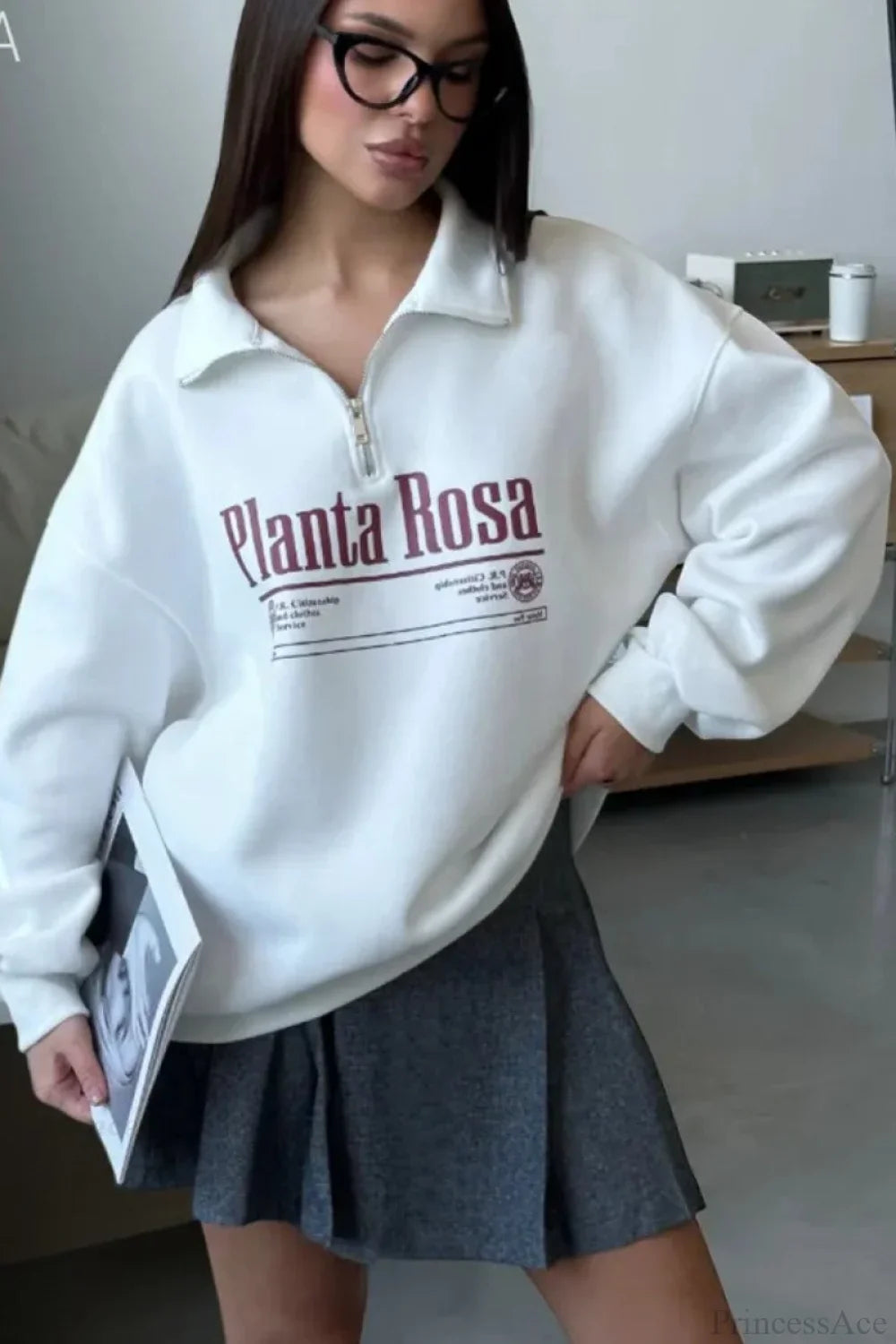 Letter Print Relaxed Convertible Collar Half-Zip Sweatshirt image 10