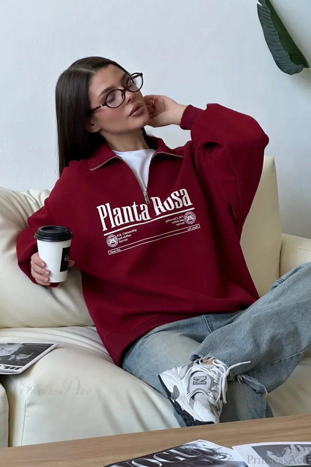 Letter Print Relaxed Convertible Collar Half-Zip Sweatshirt image 8