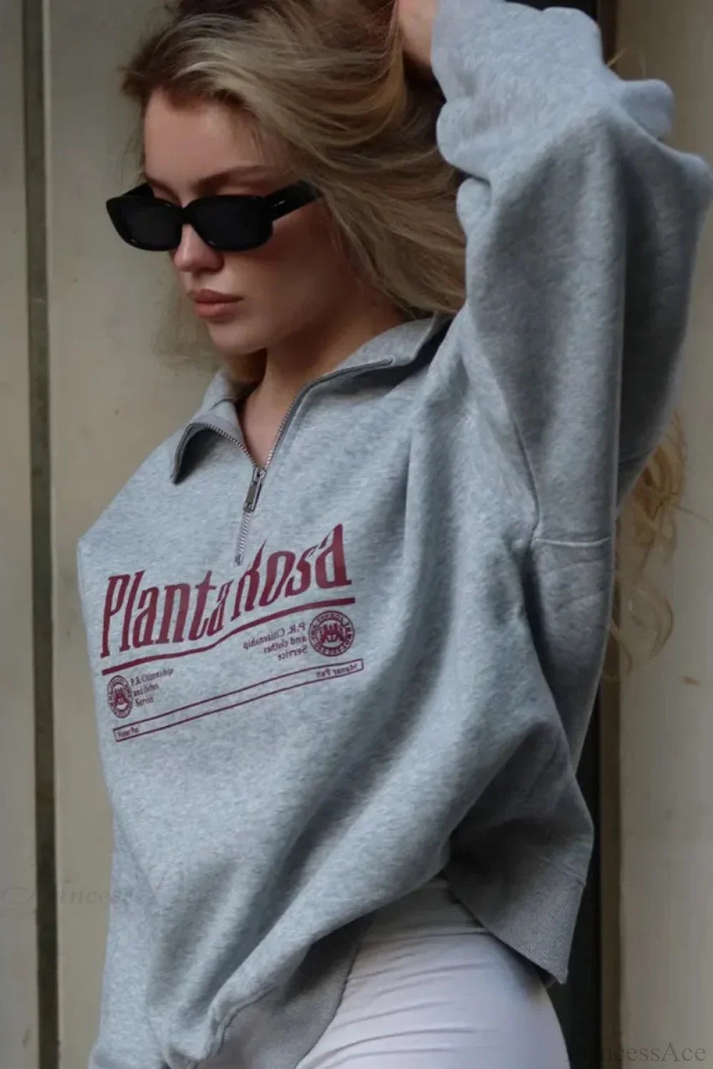 Letter Print Relaxed Convertible Collar Half-Zip Sweatshirt image 2