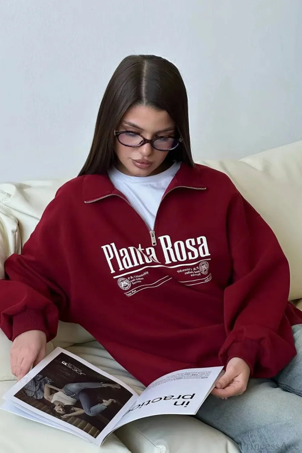 Letter Print Relaxed Convertible Collar Half-Zip Sweatshirt image 7