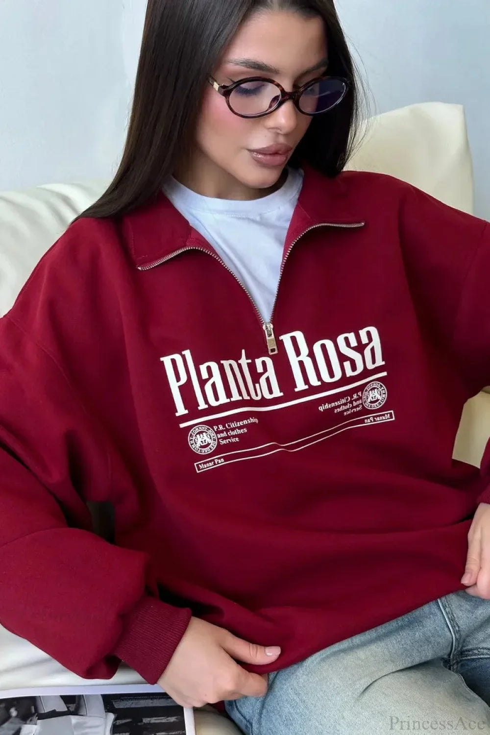 Letter Print Relaxed Convertible Collar Half-Zip Sweatshirt image 6