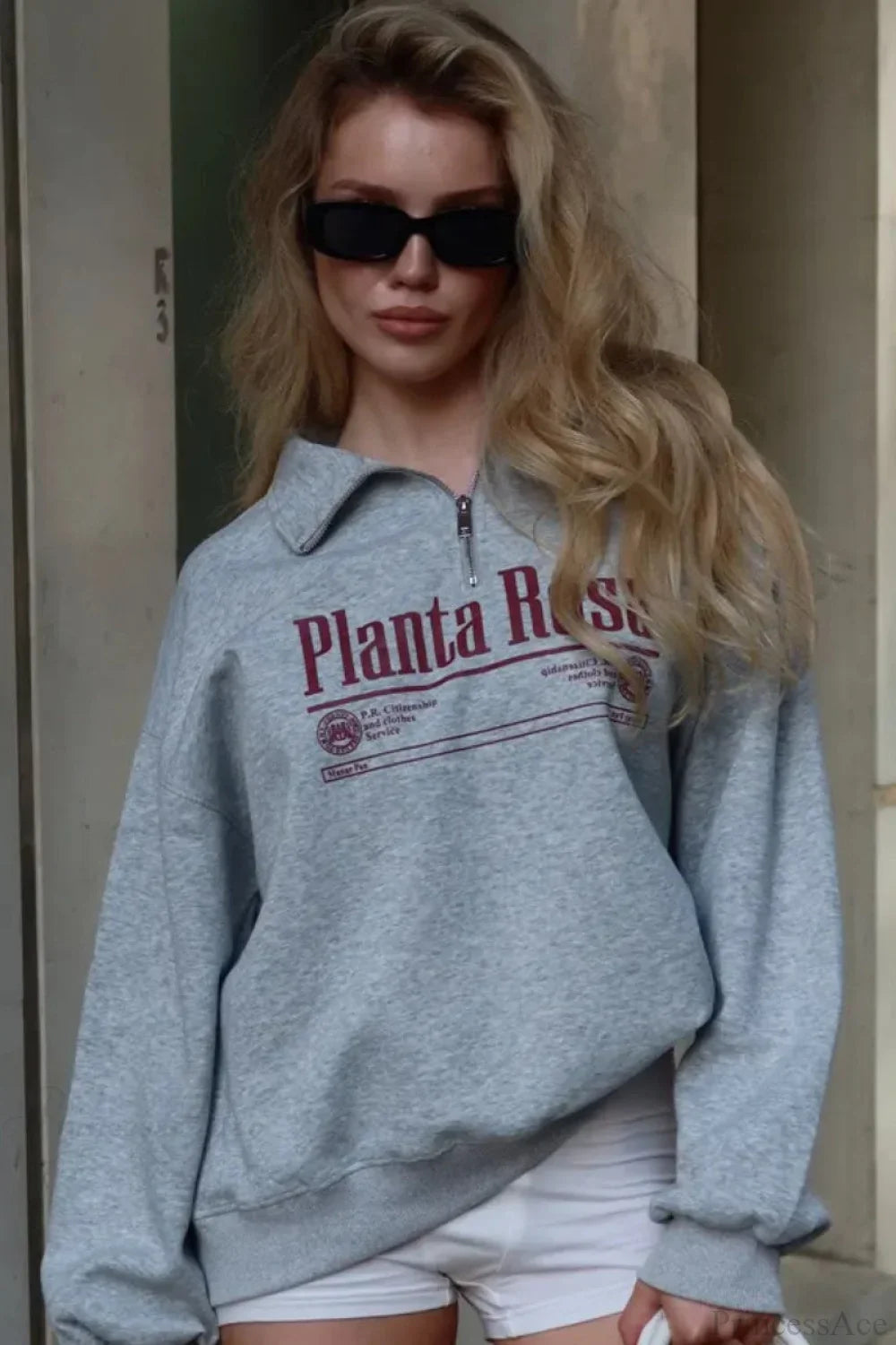 Letter Print Relaxed Convertible Collar Half-Zip Sweatshirt image 1