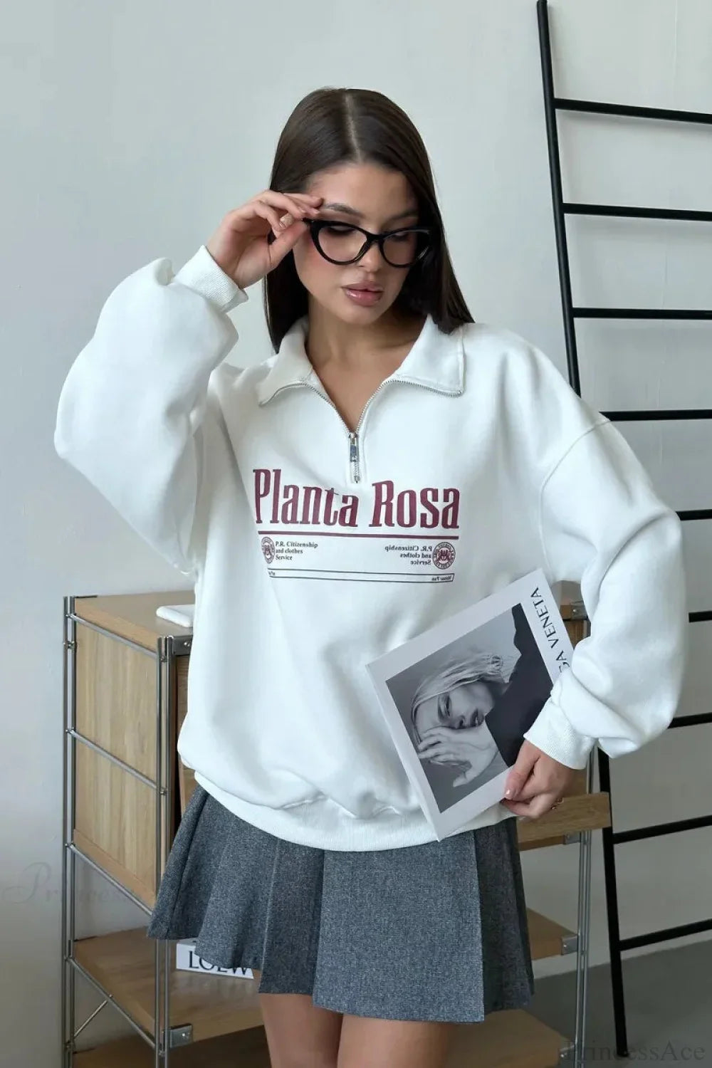 Letter Print Relaxed Convertible Collar Half-Zip Sweatshirt image 9