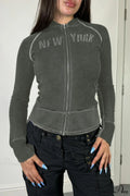 Letter Print Slim Paneled Stand Collar Hoodie image 1