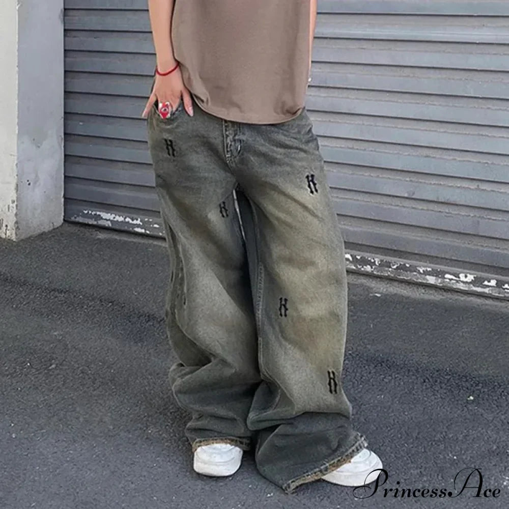 Letter Straight Wide Leg Denim Low Waist Vintage Oversized Hip Hop Harajuku Cargo Jean image 3
