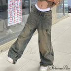 Letter Straight Wide Leg Denim Low Waist Vintage Oversized Hip Hop Harajuku Cargo Jean image 5