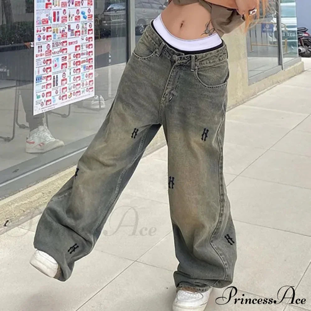Letter Straight Wide Leg Denim Low Waist Vintage Oversized Hip Hop Harajuku Cargo Jean image 5