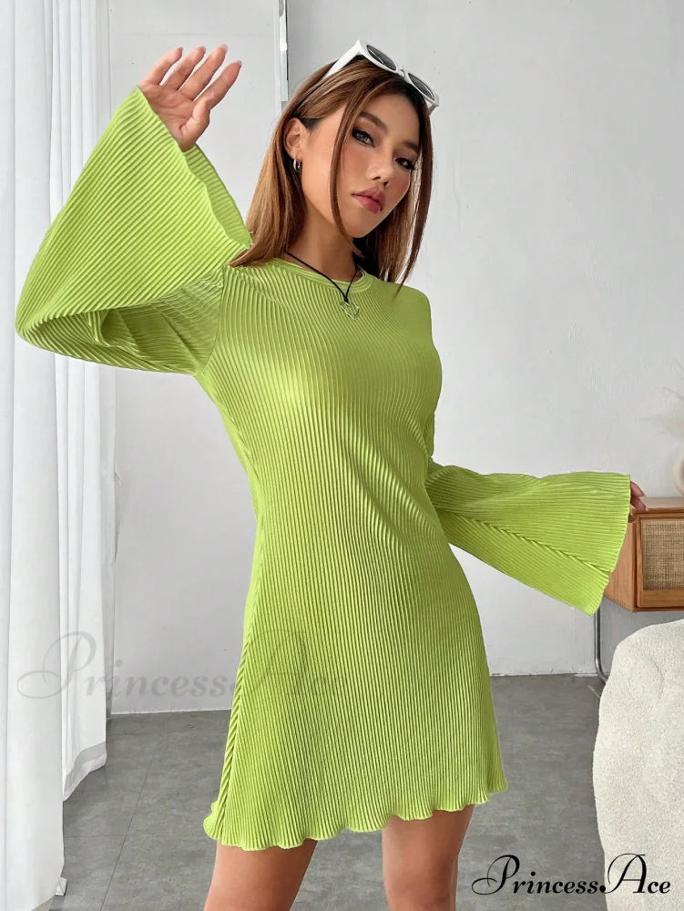 Lettuce Trim Trumpet Sleeve Ribbed Knit Dress image 3
