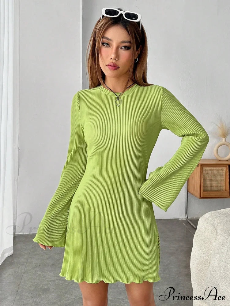 Lettuce Trim Trumpet Sleeve Ribbed Knit Dress image 4
