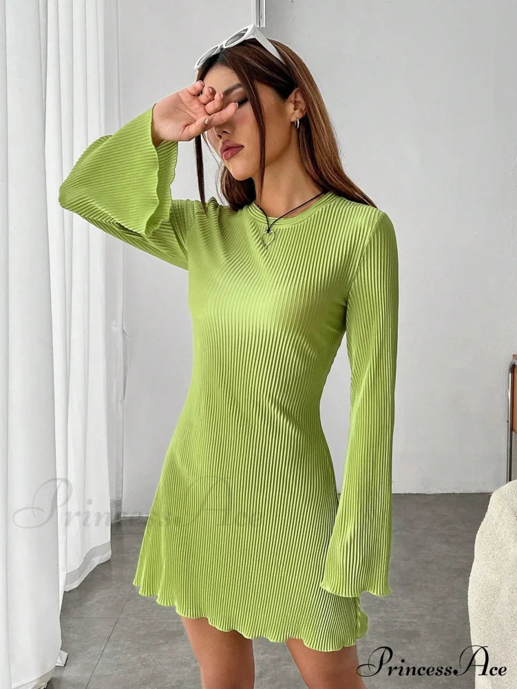 Lettuce Trim Trumpet Sleeve Ribbed Knit Dress image 5