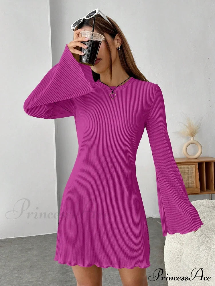 Lettuce Trim Trumpet Sleeve Ribbed Knit Dress image 9