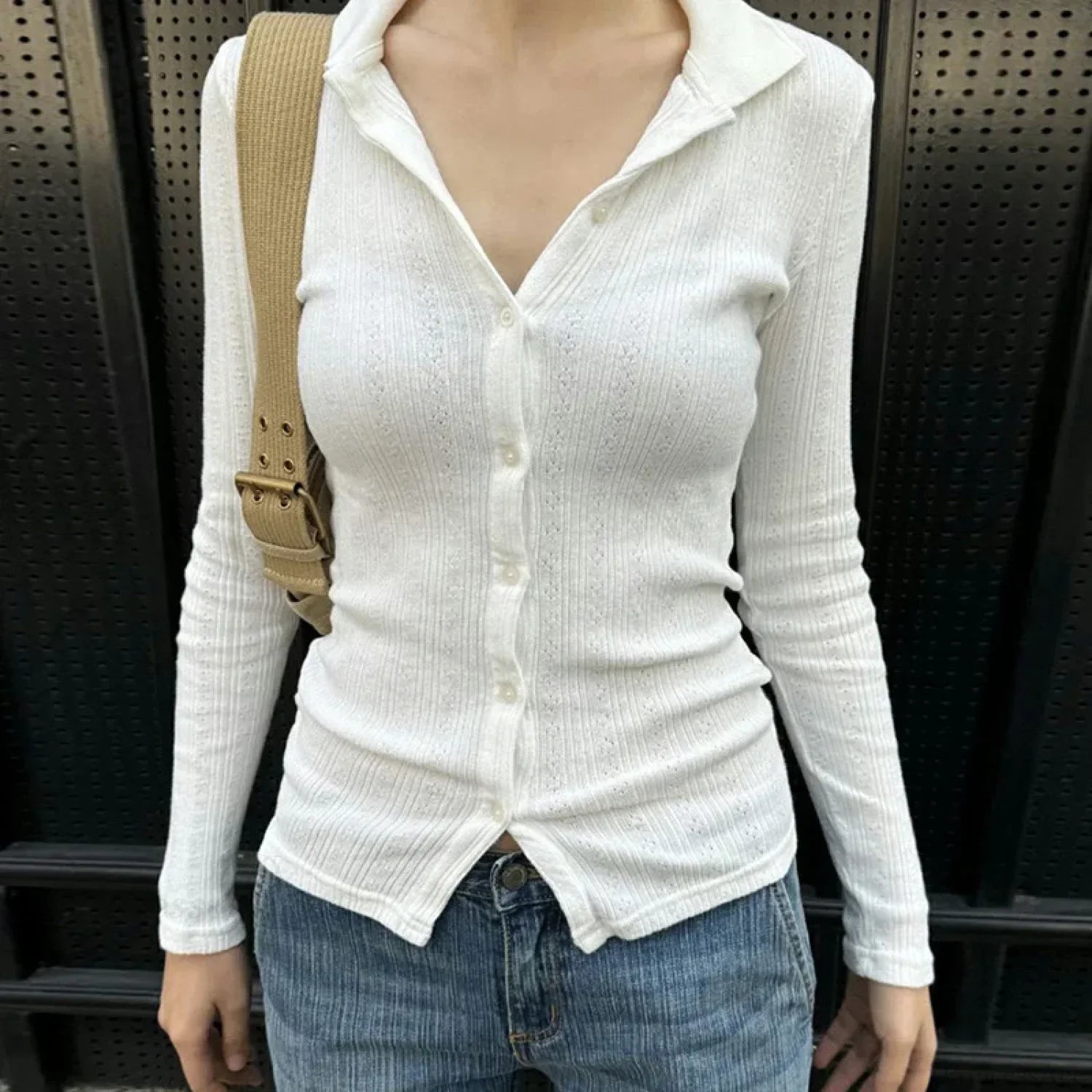 Lightweight Knitted Cardigan Solid Color Button-down Knit Top image 1