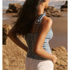 Linen Plaid Sweetheart Bow Tie Frill Spaghetti Strap Crop image 2