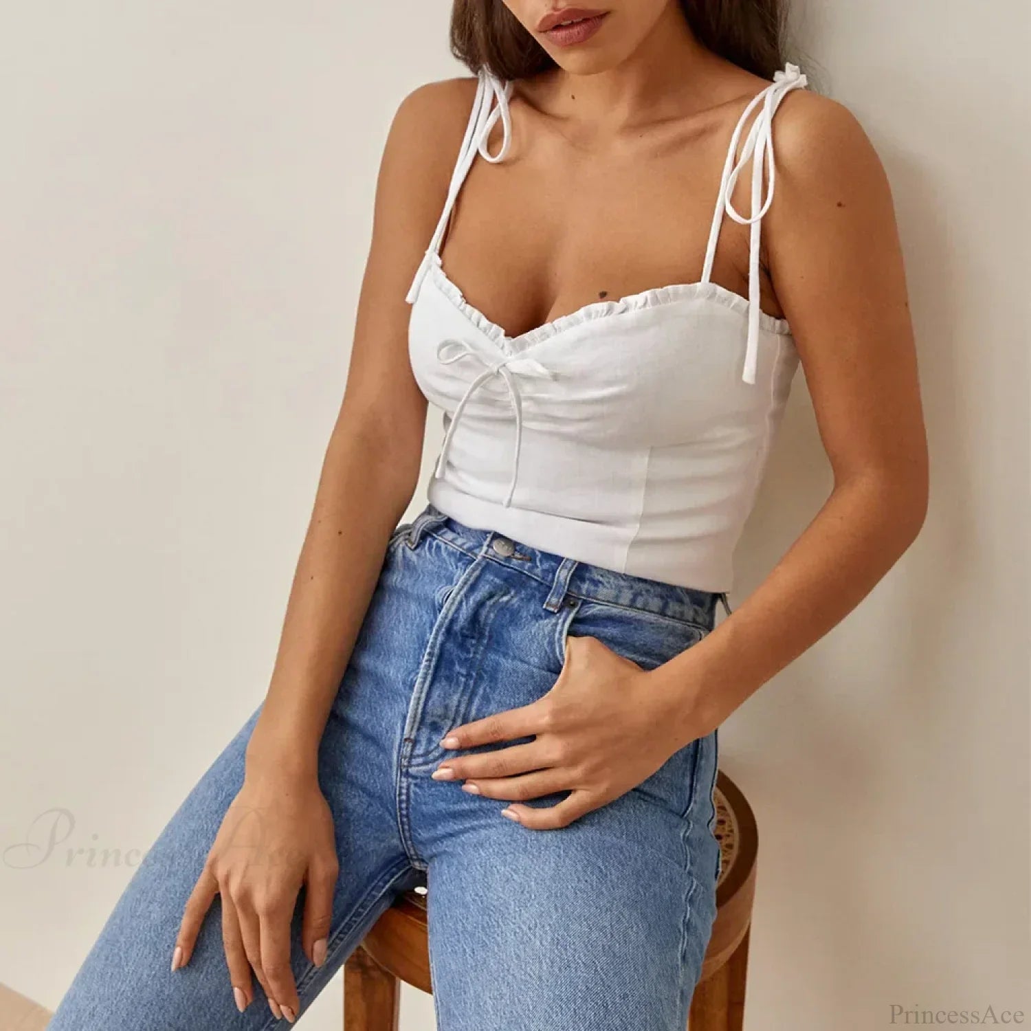Linen Plaid Sweetheart Bow Tie Frill Spaghetti Strap Crop image 4