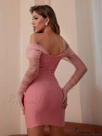 Long Arm Pink Warm-Season Sexy Bodycon Mesh Shoulder Bandage Backless Mini Women Off Dress image 5