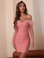 Long Arm Pink Warm-Season Sexy Bodycon Mesh Shoulder Bandage Backless Mini Women Off Dress image 2