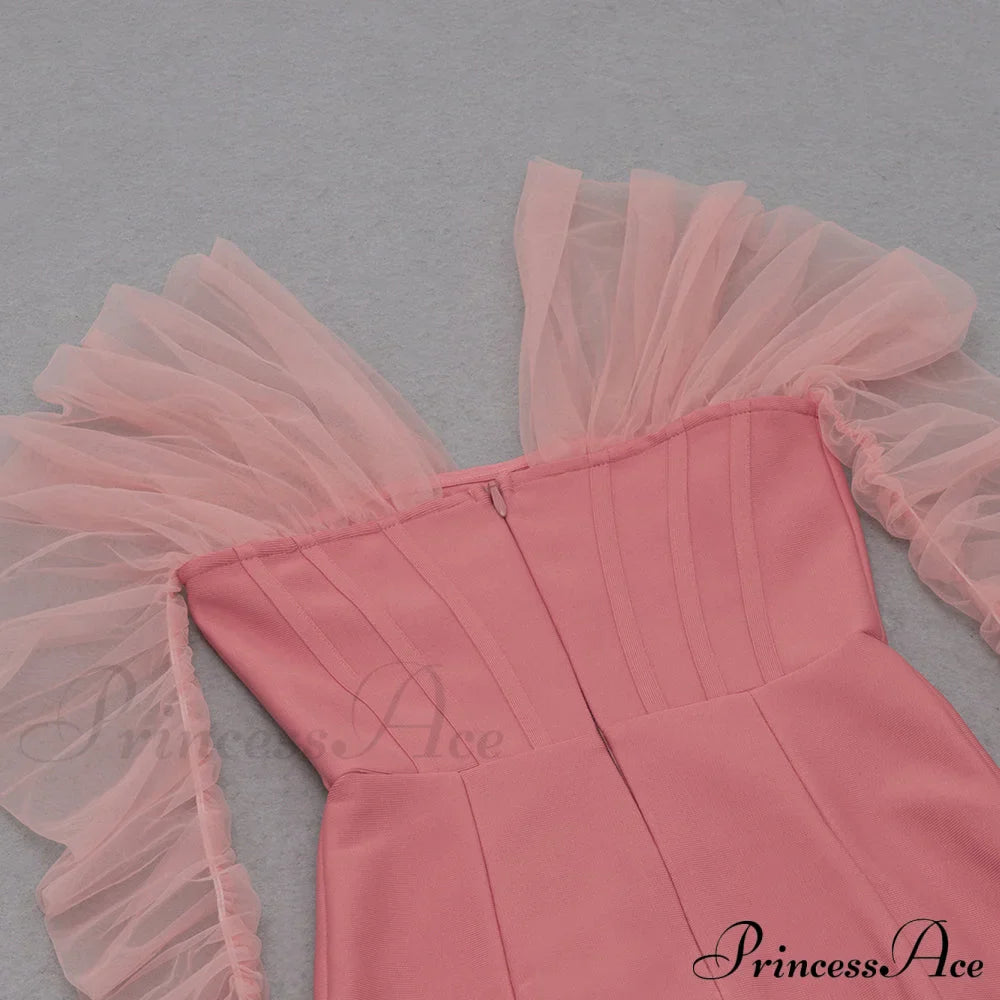Long Arm Pink Warm-Season Sexy Bodycon Mesh Shoulder Bandage Backless Mini Women Off Dress image 12