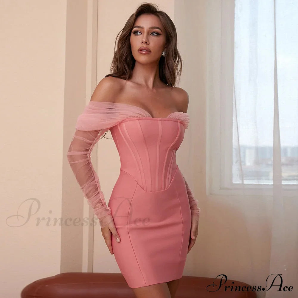 Long Arm Pink Warm-Season Sexy Bodycon Mesh Shoulder Bandage Backless Mini Women Off Dress image 1