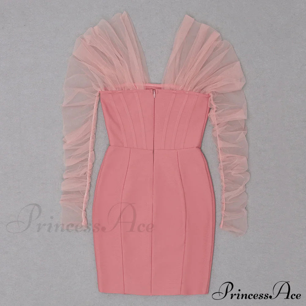 Long Arm Pink Warm-Season Sexy Bodycon Mesh Shoulder Bandage Backless Mini Women Off Dress image 9
