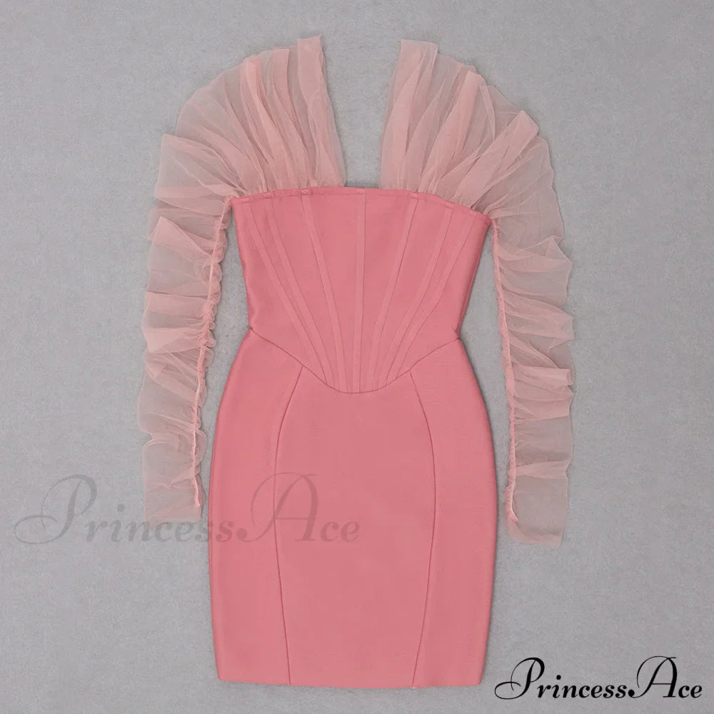 Long Arm Pink Warm-Season Sexy Bodycon Mesh Shoulder Bandage Backless Mini Women Off Dress image 8