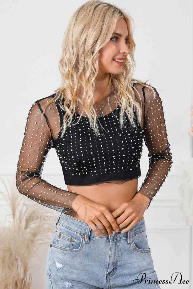 Long Cropped with Pearl Top Mesh Sleeves image 1