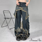 Long Fading Distressed Star Vintage Denim Jeans image 1