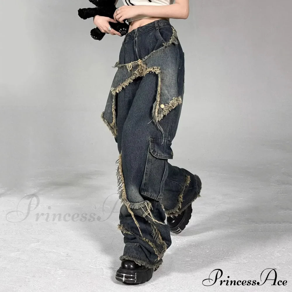 Long Fading Distressed Star Vintage Denim Jeans image 3