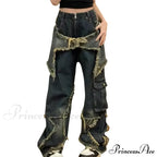 Long Fading Distressed Star Vintage Denim Jeans image 4