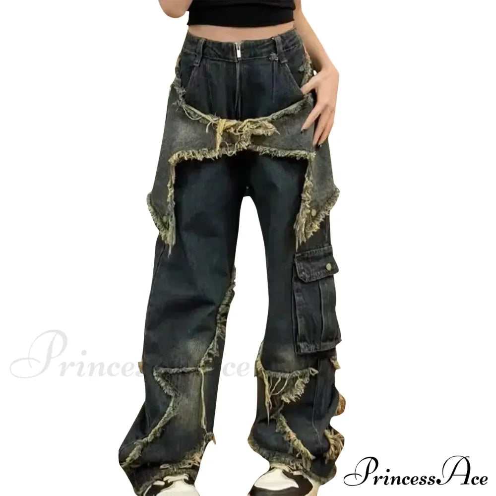 Long Fading Distressed Star Vintage Denim Jeans image 4