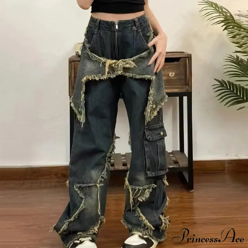 Long Fading Distressed Star Vintage Denim Jeans image 5