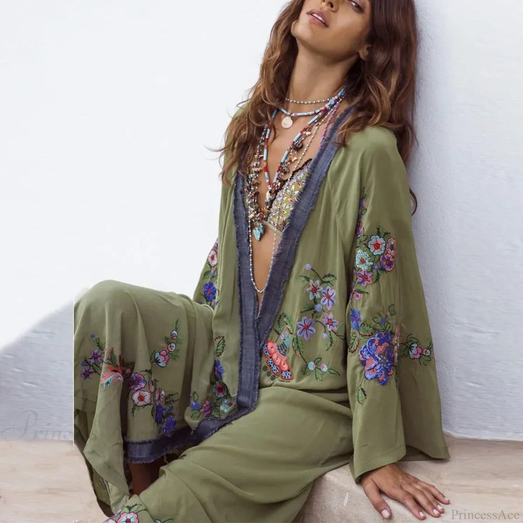 Long Floral Embroidery Beach Cover-Up Boho Cardigan image 1