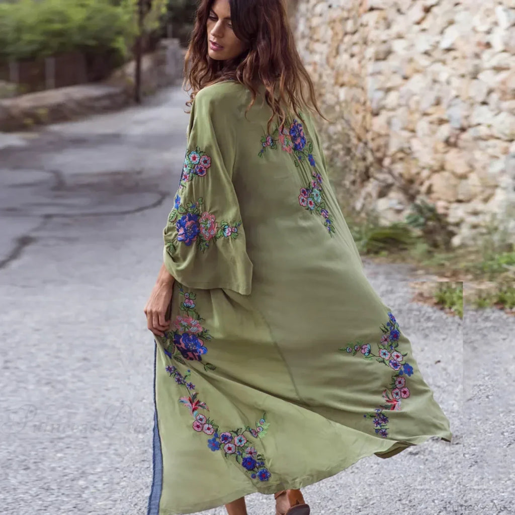 Long Floral Embroidery Beach Cover-Up Boho Cardigan image 2