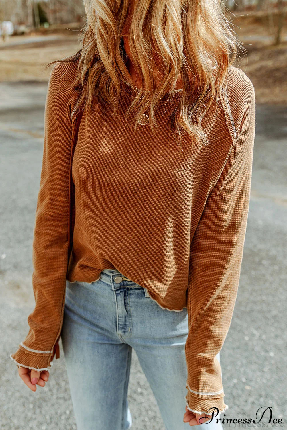 Long Round Arm Neck Brown Textured Top image 1