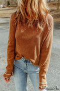Long Round Arm Neck Brown Textured Top image 1