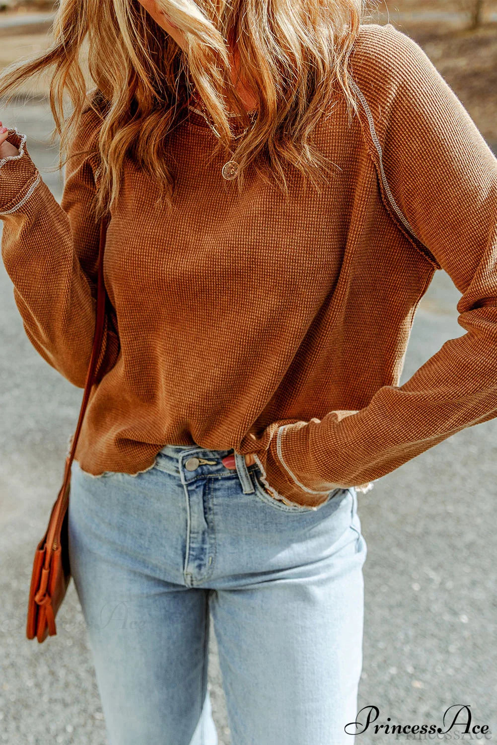 Long Round Arm Neck Brown Textured Top image 5
