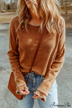 Long Round Arm Neck Brown Textured Top image 3