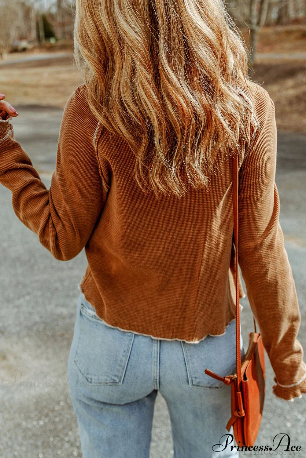 Long Round Arm Neck Brown Textured Top image 2